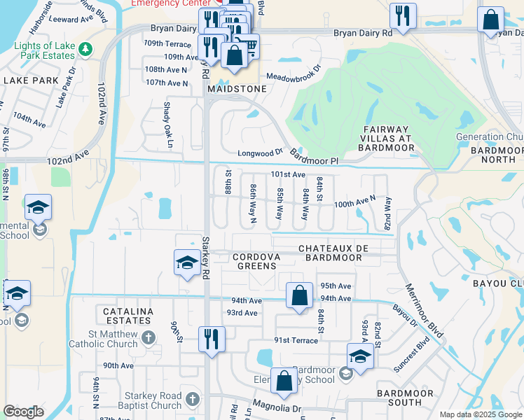 map of restaurants, bars, coffee shops, grocery stores, and more near 9949 86th Way North in Seminole