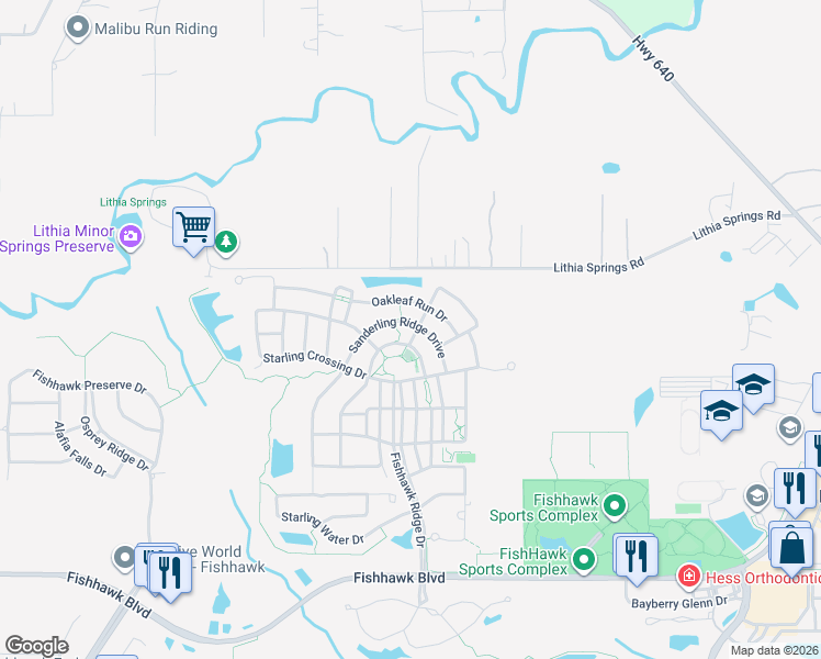 map of restaurants, bars, coffee shops, grocery stores, and more near 5102 Sanderling Ridge Drive in Lithia