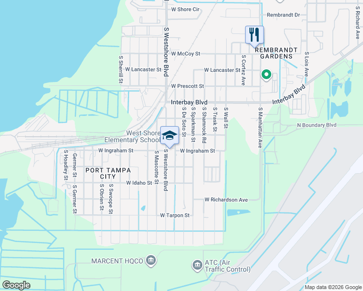 map of restaurants, bars, coffee shops, grocery stores, and more near 7111 South De Soto Street in Tampa