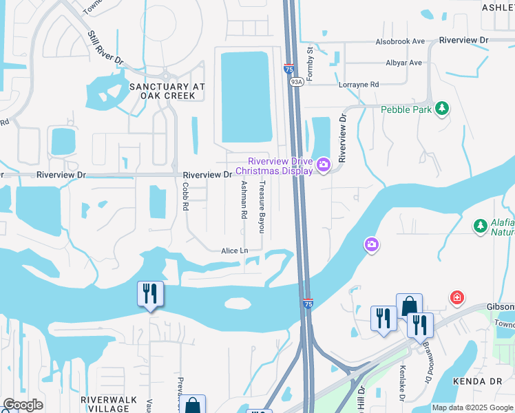 map of restaurants, bars, coffee shops, grocery stores, and more near 8825 Treasure Bayou in Riverview
