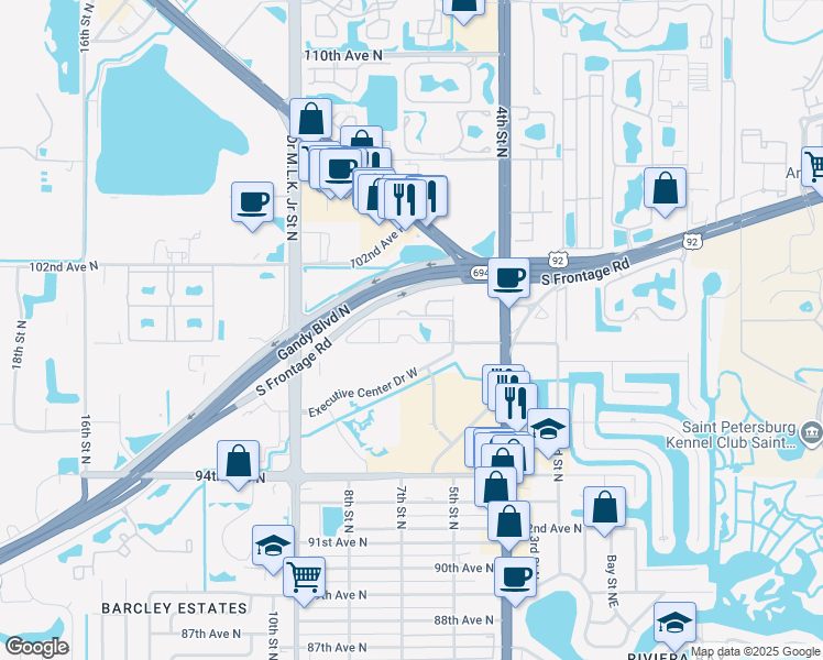 map of restaurants, bars, coffee shops, grocery stores, and more near 657 99th Avenue North in St. Petersburg