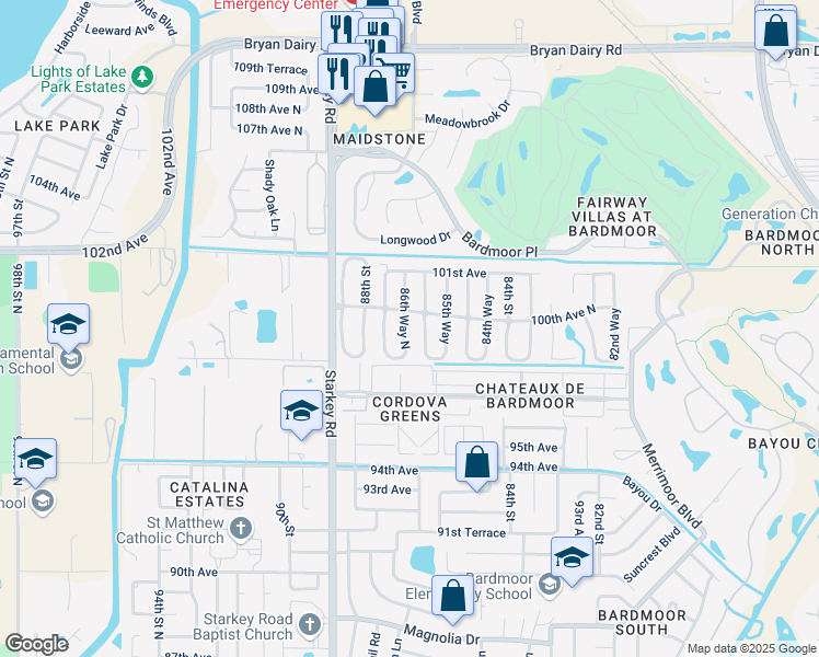 map of restaurants, bars, coffee shops, grocery stores, and more near 9949 86th Way North in Seminole
