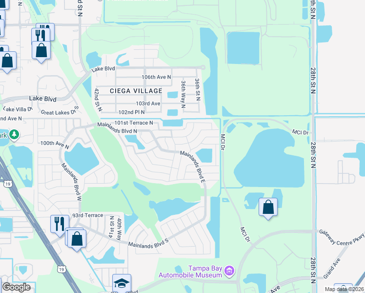 map of restaurants, bars, coffee shops, grocery stores, and more near 3636 100th Terrace North in Pinellas Park