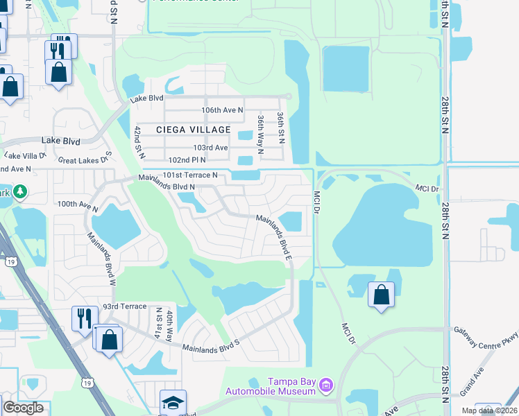 map of restaurants, bars, coffee shops, grocery stores, and more near 3636 100th Terrace North in Pinellas Park