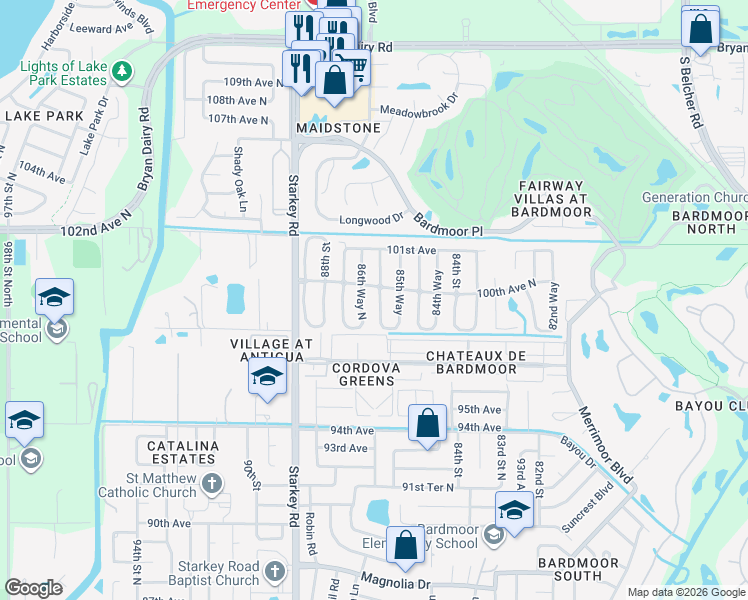 map of restaurants, bars, coffee shops, grocery stores, and more near 9949 86th Way North in Seminole