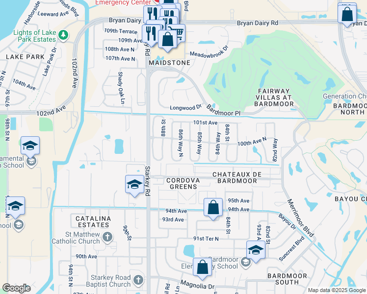 map of restaurants, bars, coffee shops, grocery stores, and more near 9949 86th Way North in Seminole