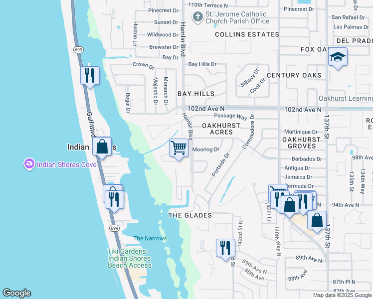 map of restaurants, bars, coffee shops, grocery stores, and more near 9718 Indian Key Trail in Seminole