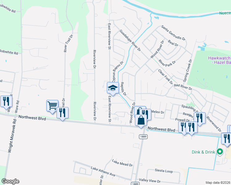 map of restaurants, bars, coffee shops, grocery stores, and more near 4202 Big Cyprus Bayou Drive in Corpus Christi