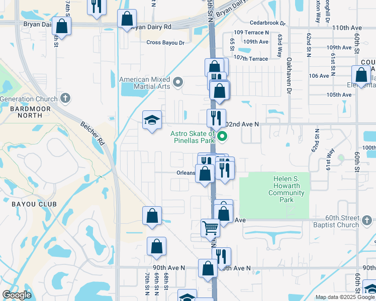 map of restaurants, bars, coffee shops, grocery stores, and more near 6731 100th Avenue in Pinellas Park