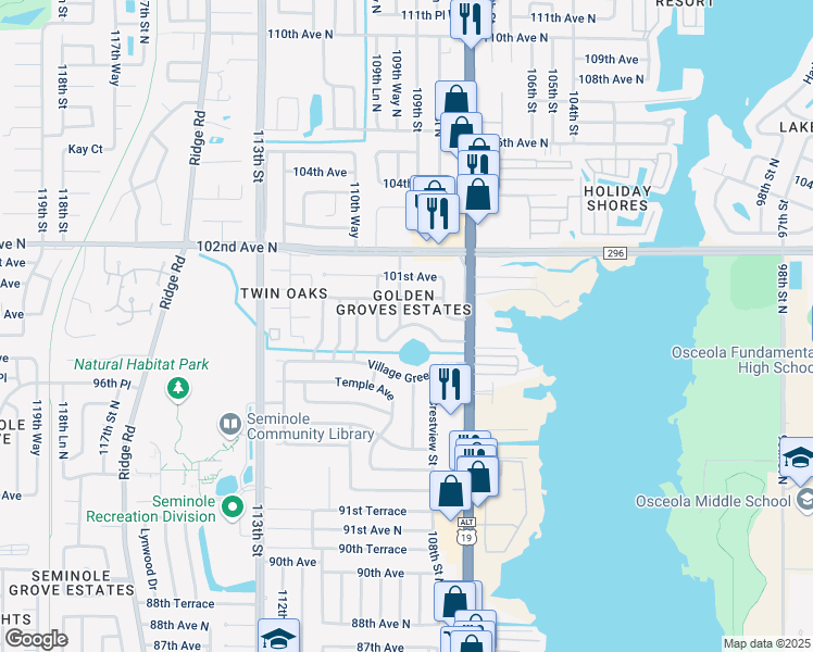 map of restaurants, bars, coffee shops, grocery stores, and more near 10892 99th Place North in Seminole