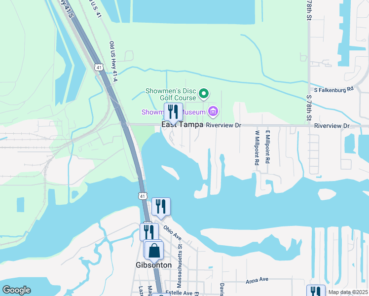 map of restaurants, bars, coffee shops, grocery stores, and more near 8820 Hickory Lane South in Riverview