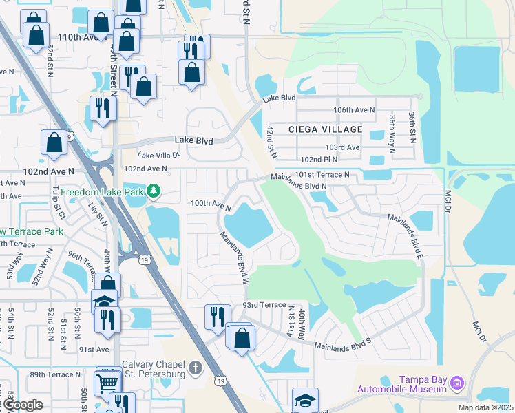 map of restaurants, bars, coffee shops, grocery stores, and more near 4114 100th Avenue North in Pinellas Park