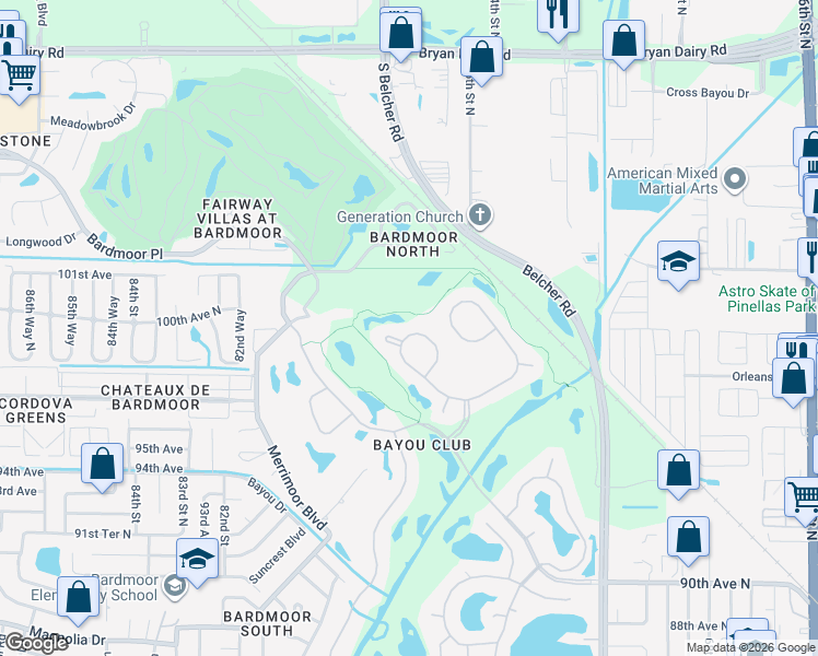 map of restaurants, bars, coffee shops, grocery stores, and more near 7696 Aralia Way in Seminole