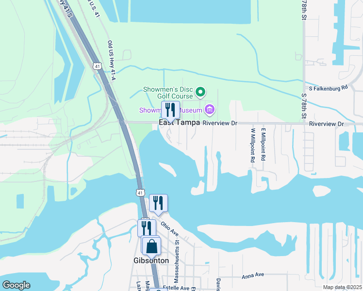 map of restaurants, bars, coffee shops, grocery stores, and more near 8820 Hickory Lane South in Riverview