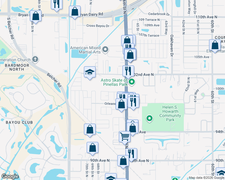 map of restaurants, bars, coffee shops, grocery stores, and more near 6721 100th Avenue North in Pinellas Park