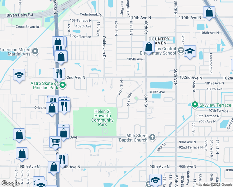 map of restaurants, bars, coffee shops, grocery stores, and more near 9950 62nd Street North in Pinellas Park
