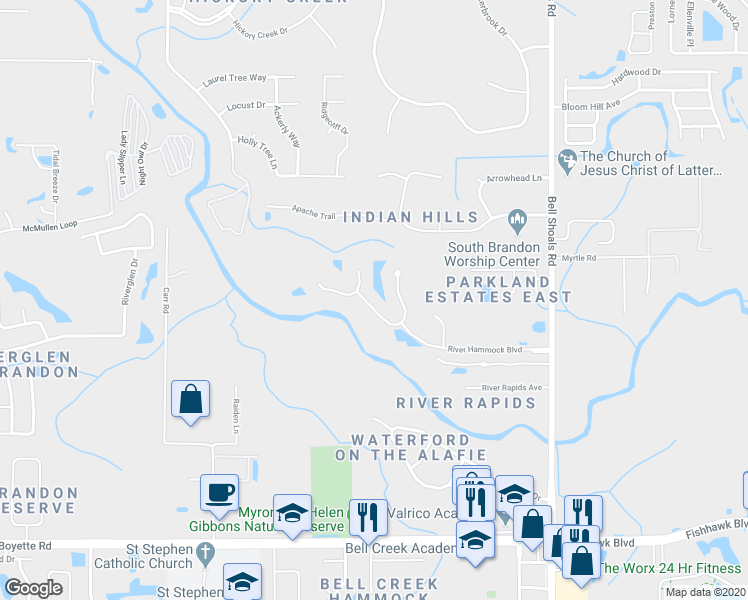 map of restaurants, bars, coffee shops, grocery stores, and more near 5113 Abisher Wood Lane in Brandon