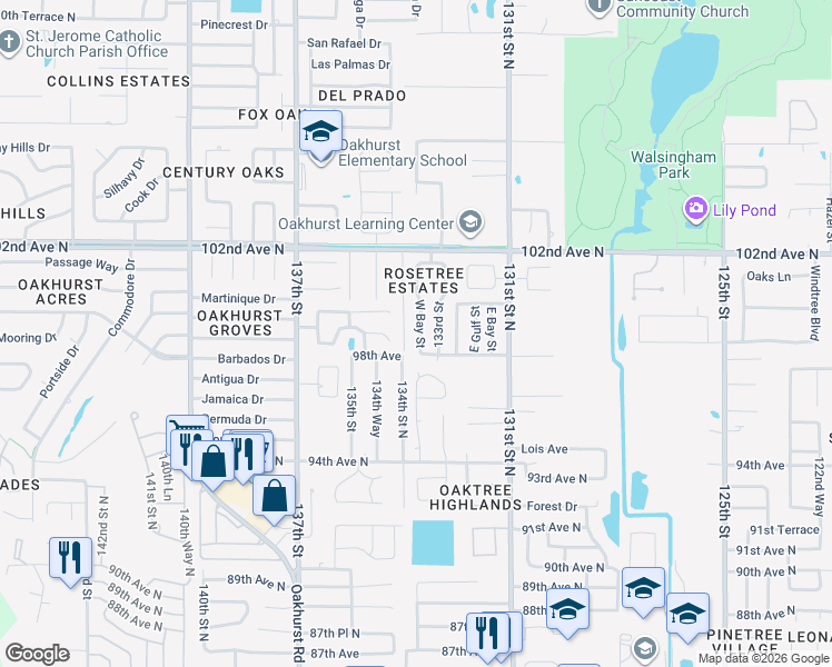 map of restaurants, bars, coffee shops, grocery stores, and more near 9880 West Bay Street in Seminole