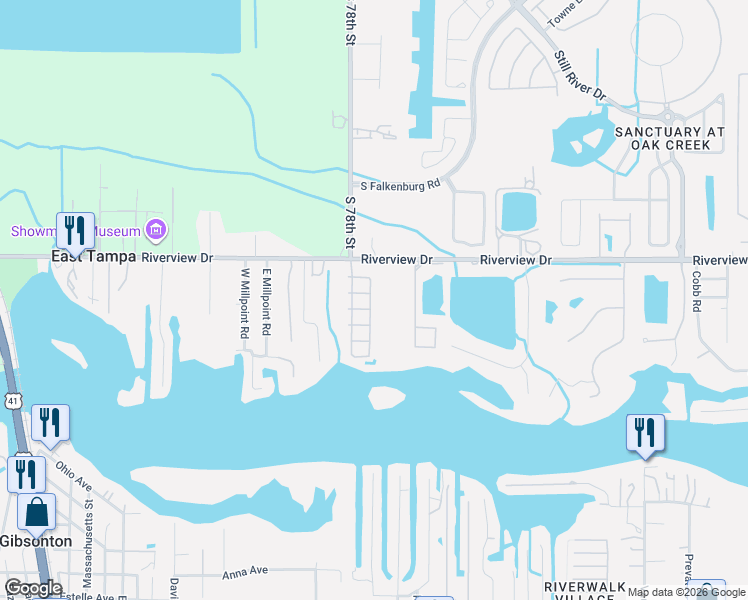 map of restaurants, bars, coffee shops, grocery stores, and more near 8837 Barcin Circle in Riverview