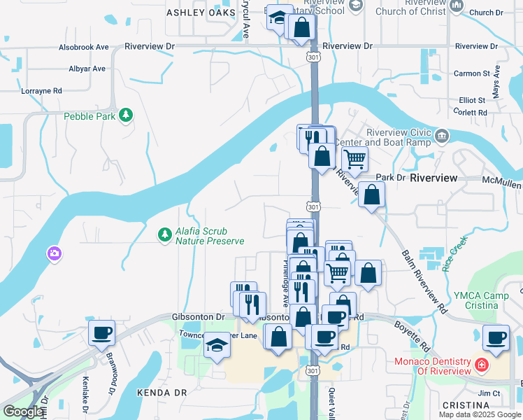 map of restaurants, bars, coffee shops, grocery stores, and more near 10416 Lost Boys Lane in Riverview