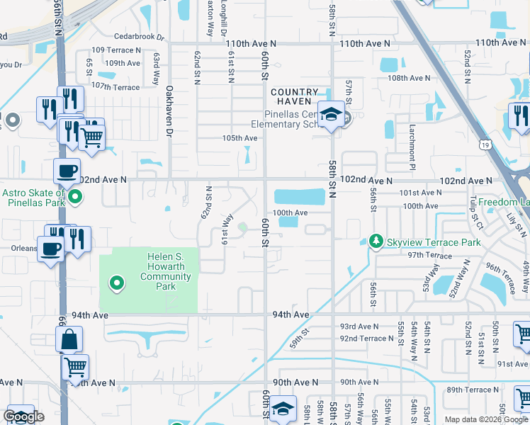 map of restaurants, bars, coffee shops, grocery stores, and more near 60th Street in Pinellas Park