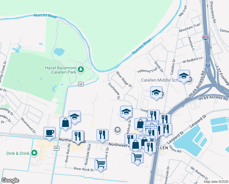 map of restaurants, bars, coffee shops, grocery stores, and more near 13817 Exchequer Drive in Corpus Christi