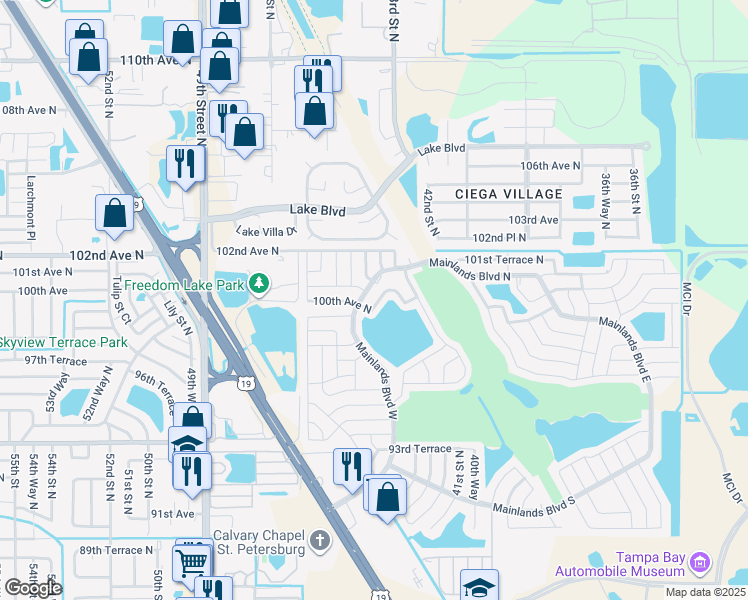 map of restaurants, bars, coffee shops, grocery stores, and more near 9905 Mainlands Boulevard North in Pinellas Park