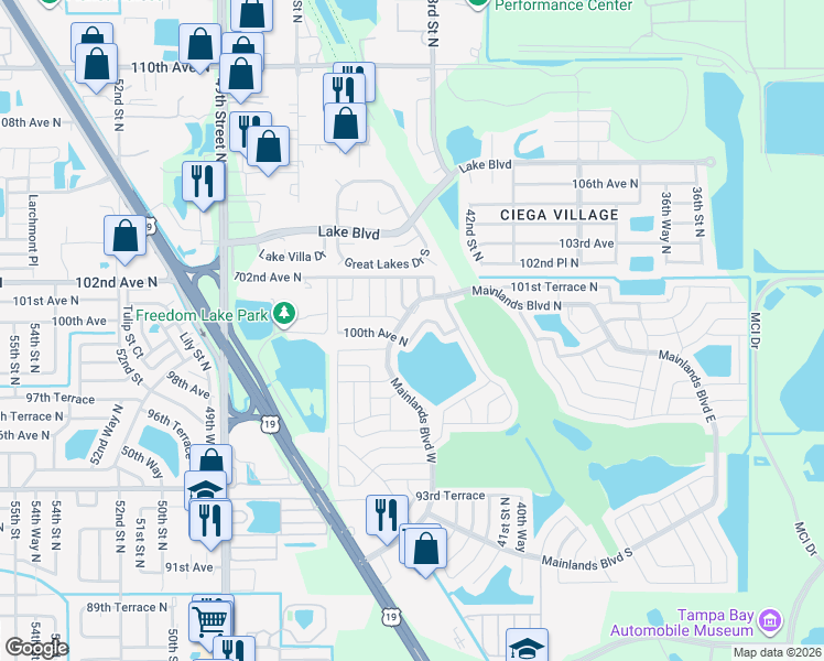 map of restaurants, bars, coffee shops, grocery stores, and more near 9905 Mainlands Boulevard North in Pinellas Park