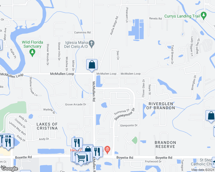 map of restaurants, bars, coffee shops, grocery stores, and more near 11914 Timberhill Drive in Riverview