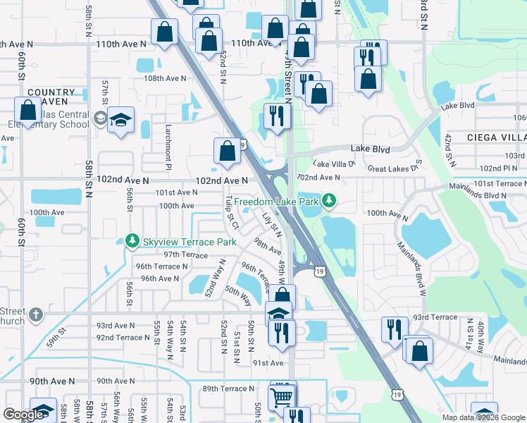 map of restaurants, bars, coffee shops, grocery stores, and more near 4991 Crocus Place in Pinellas Park