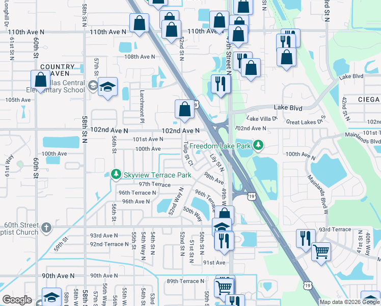 map of restaurants, bars, coffee shops, grocery stores, and more near 10002 Tulip Street Court in Pinellas Park