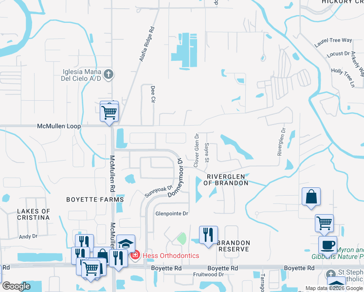map of restaurants, bars, coffee shops, grocery stores, and more near 12032 Timberhill Drive in Riverview