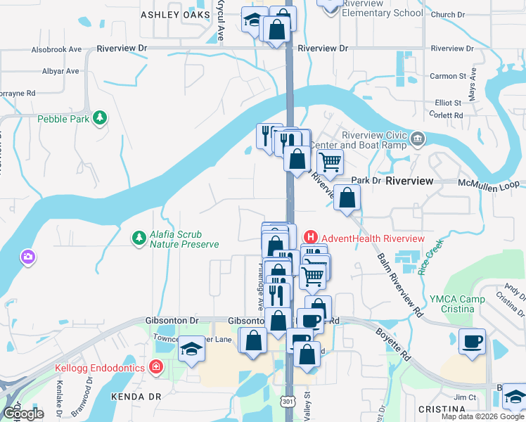 map of restaurants, bars, coffee shops, grocery stores, and more near 9244 River Rock Lane in Riverview