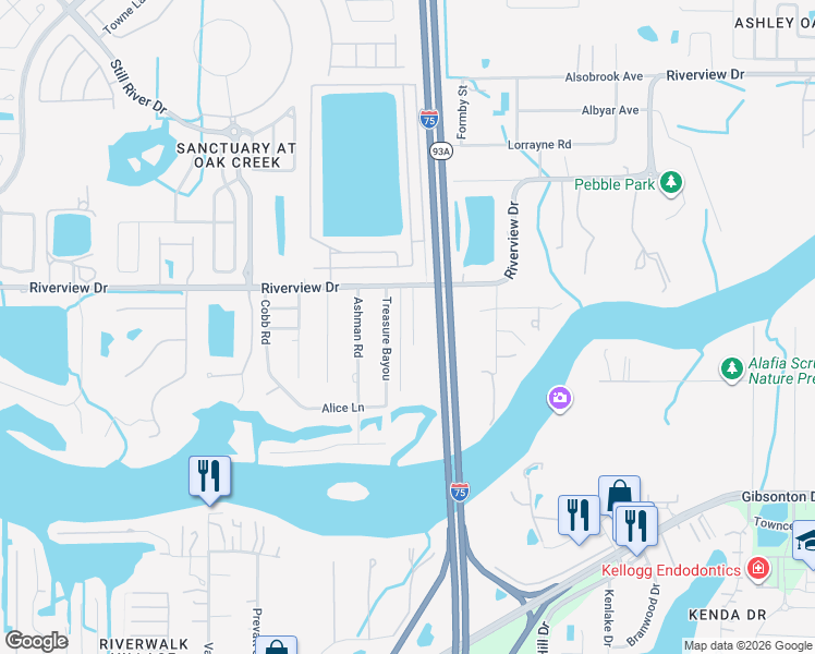 map of restaurants, bars, coffee shops, grocery stores, and more near 8840 Mugnai Street in Riverview