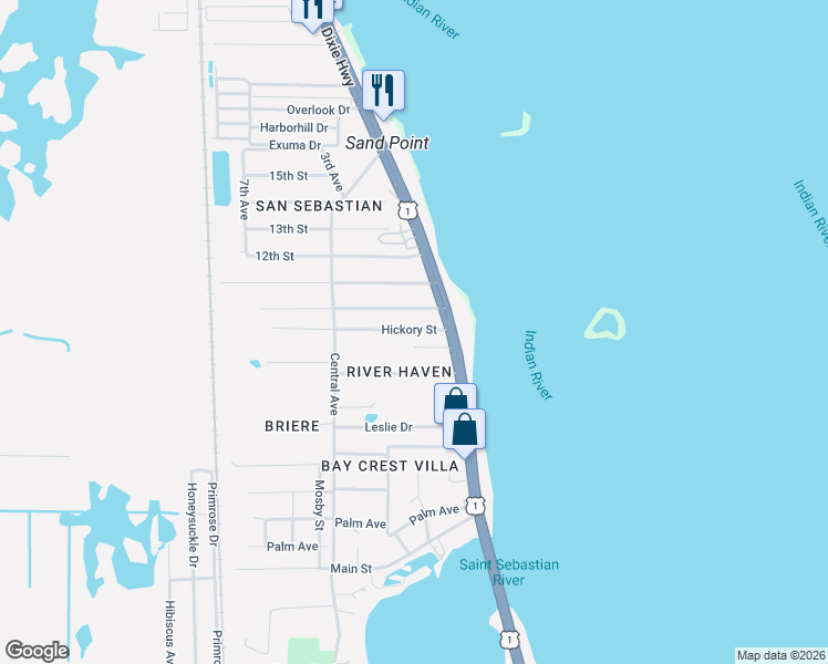 map of restaurants, bars, coffee shops, grocery stores, and more near 4045 Hickory Drive in Sebastian