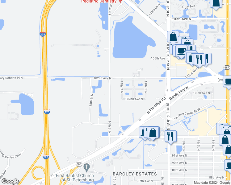 map of restaurants, bars, coffee shops, grocery stores, and more near 10001 16th Street North in Saint Petersburg