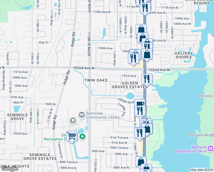 map of restaurants, bars, coffee shops, grocery stores, and more near 9832 111th Street North in Seminole