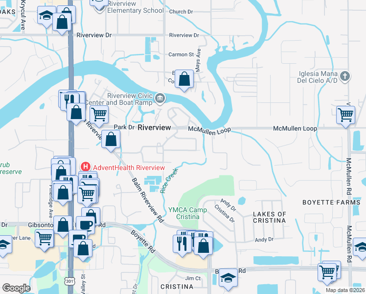 map of restaurants, bars, coffee shops, grocery stores, and more near 11214 Rice Creek Road in Riverview