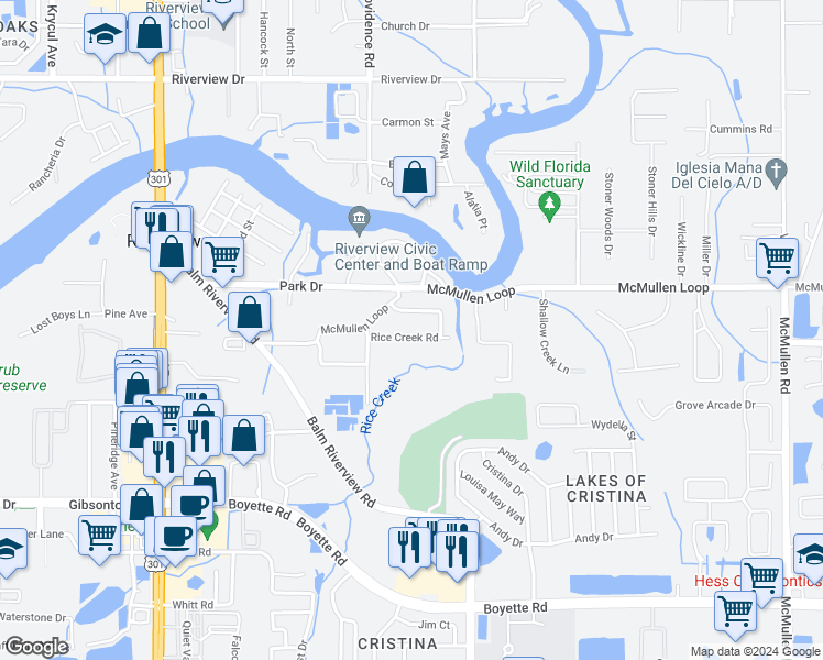 map of restaurants, bars, coffee shops, grocery stores, and more near 11214 Rice Creek Road in Riverview