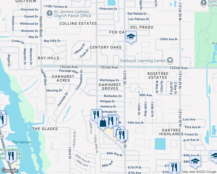 map of restaurants, bars, coffee shops, grocery stores, and more near 13880 Dominica Drive in Seminole