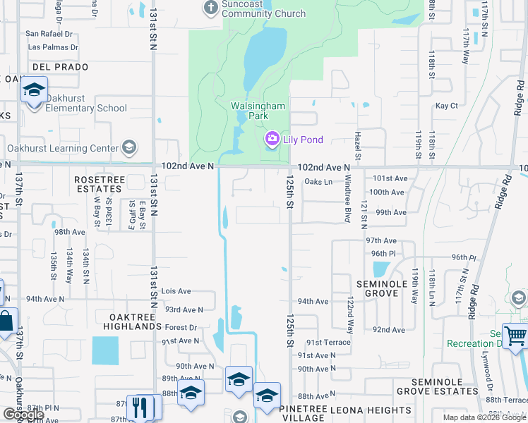 map of restaurants, bars, coffee shops, grocery stores, and more near 12610 Frank Drive South in Seminole