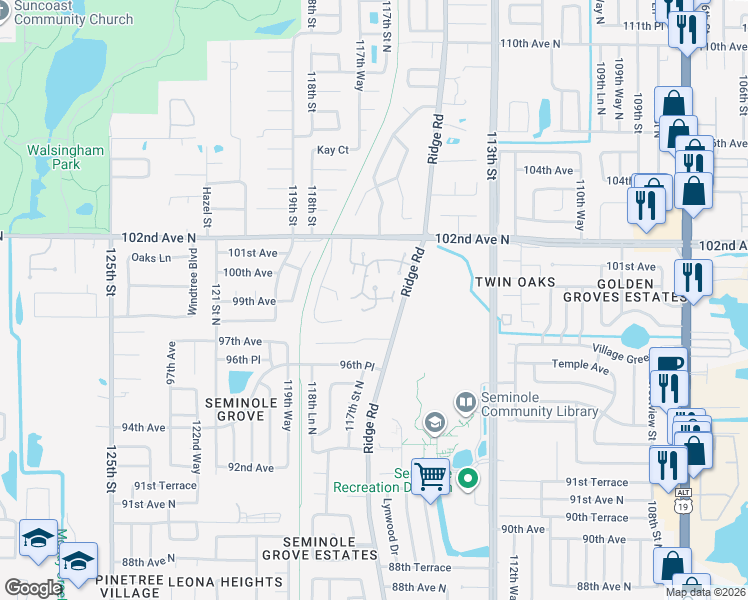 map of restaurants, bars, coffee shops, grocery stores, and more near 10016 Ridge Road in Seminole