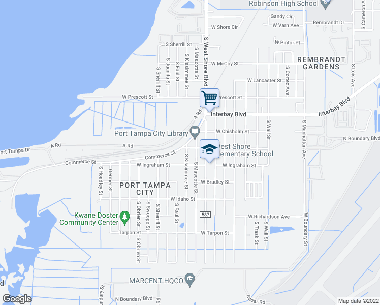 map of restaurants, bars, coffee shops, grocery stores, and more near 4909 West Ingraham Street in Tampa