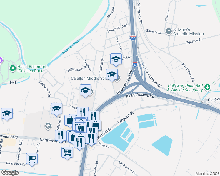 map of restaurants, bars, coffee shops, grocery stores, and more near 4601 Cornett Drive in Corpus Christi