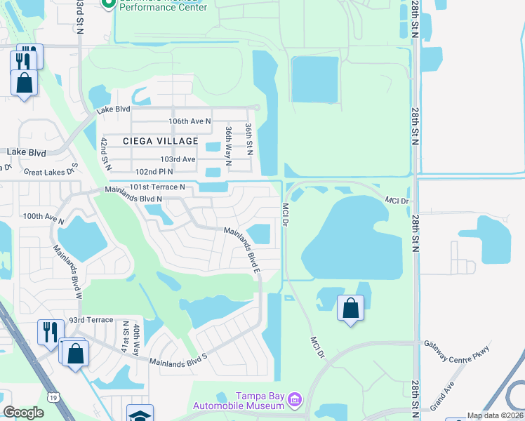 map of restaurants, bars, coffee shops, grocery stores, and more near 3472 100th Avenue North in Pinellas Park