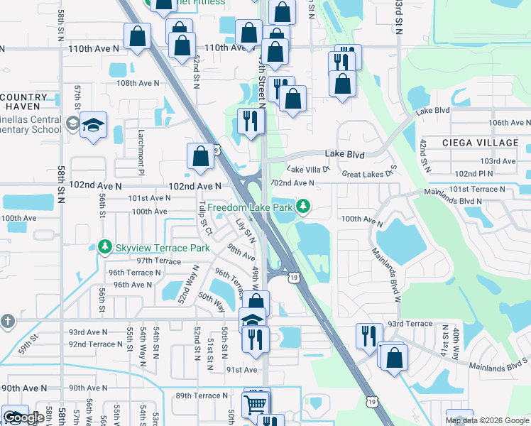 map of restaurants, bars, coffee shops, grocery stores, and more near 10053 49th Street North in Pinellas Park