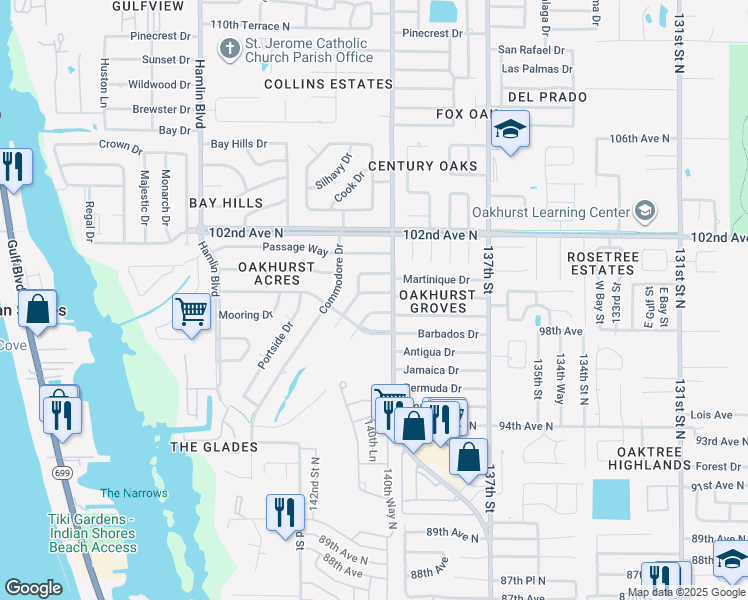 map of restaurants, bars, coffee shops, grocery stores, and more near 14013 Lookout Way North in Seminole