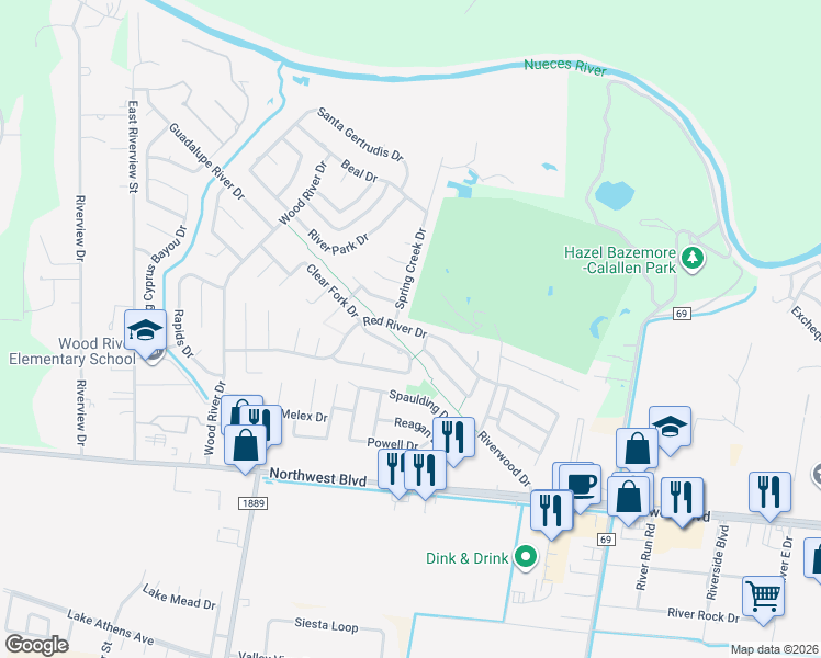 map of restaurants, bars, coffee shops, grocery stores, and more near 14661 Sweetwater Creek Drive in Corpus Christi