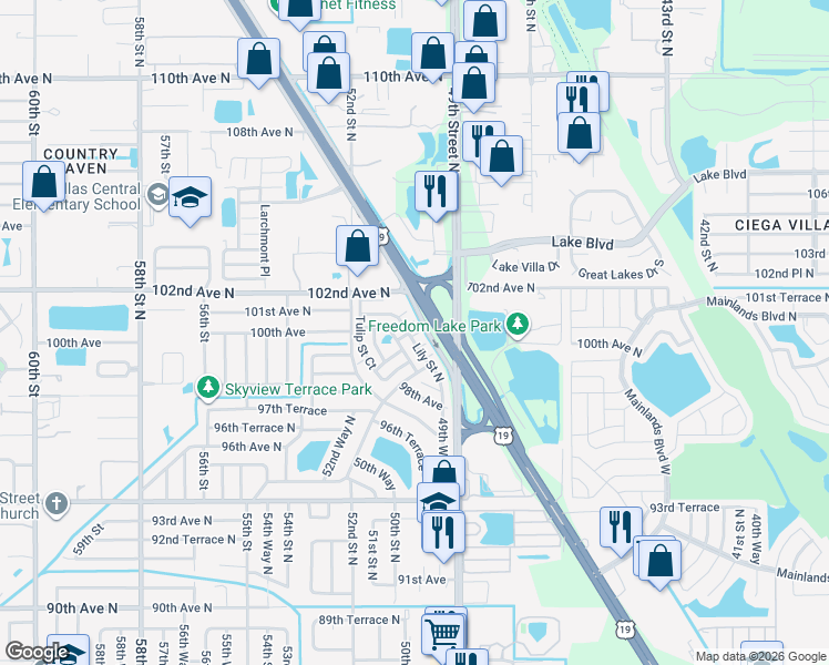 map of restaurants, bars, coffee shops, grocery stores, and more near 4991 Springwood Court North in Pinellas Park