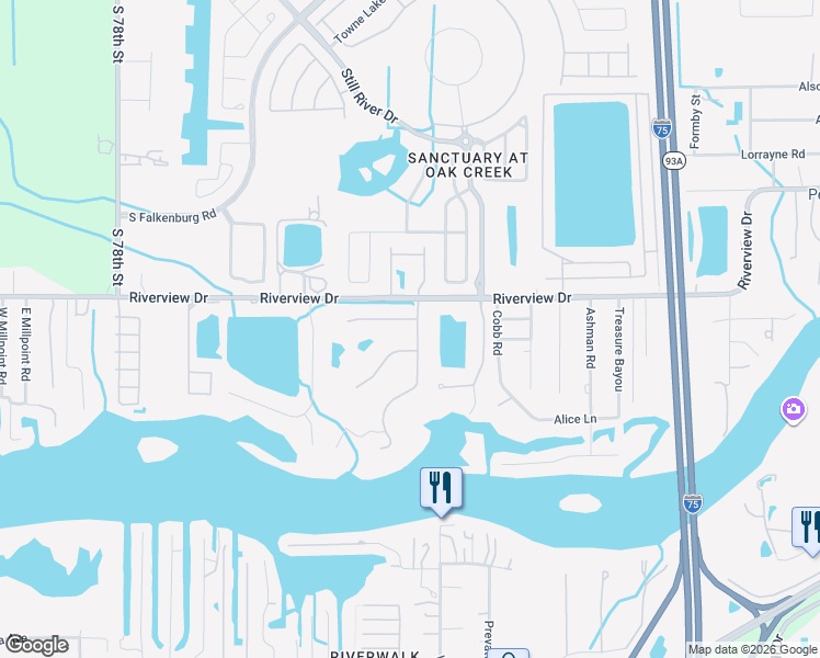 map of restaurants, bars, coffee shops, grocery stores, and more near 8807 Eagle Watch Drive in Riverview
